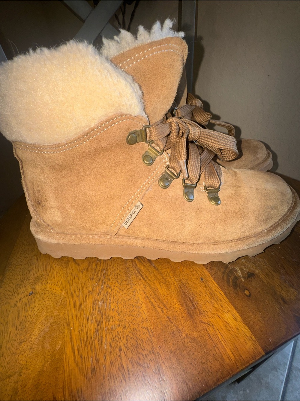 BearPaw Women's Suede Shearling-Lined Lace-Up Ankle Boots - Chestnut
